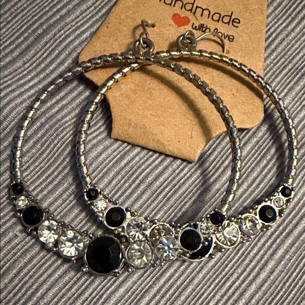 Handmade Silver Hoop Earrings with Black & Clear Stones